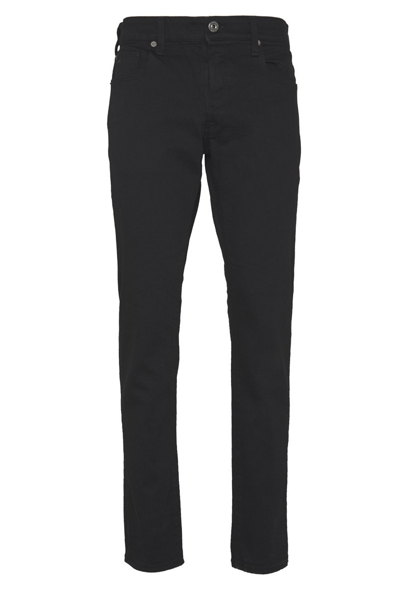 Jeans de mezclilla negra con un ajuste slim, diseño de cinco bolsillos, cierre de botón y cremallera, con una textura suave y corte recto.