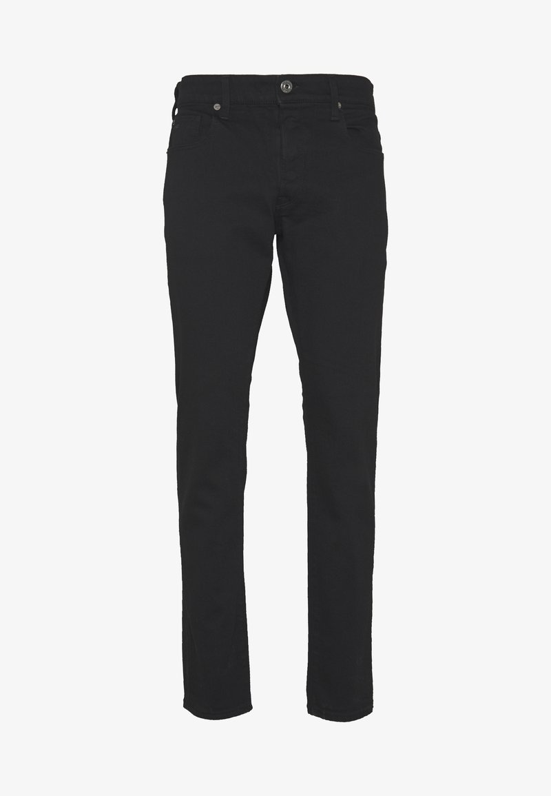 Jeans de mezclilla negra con un ajuste slim, diseño de cinco bolsillos, cierre de botón y cremallera, con una textura suave y corte recto.