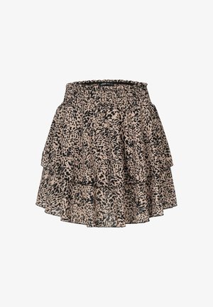Jupe mini à volants en tissu transparent et léger avec un fond beige et un imprimé léopard noir, dotée d'une taille élastique.