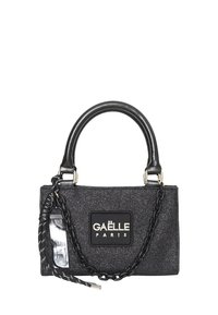 Borsa a mano nera glitter con forma rettangolare, manici arrotondati, tracolla a catena e un grande logo applicato. Superficie testurizzata con una finitura elegante.