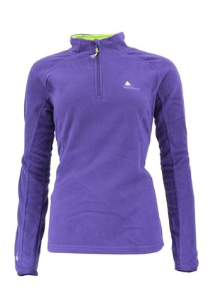 Pull en polaire violet avec un col zippé mi-haut, doté d'une doublure intérieure verte vif et d'un petit logo sur le haut de la poitrine à gauche.