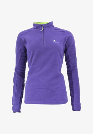 Pull en polaire violet avec un col zippé mi-haut, doté d'une doublure intérieure verte vif et d'un petit logo sur le haut de la poitrine à gauche.