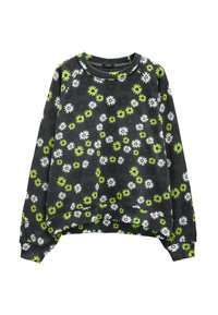 Ciemnoszara bluza z białym i limonkowym wzorem kwiatów stokrotek, z prążkowanymi mankietami i dołem.