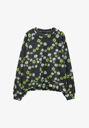 Ciemnoszara bluza z białym i limonkowym wzorem kwiatów stokrotek, z prążkowanymi mankietami i dołem.