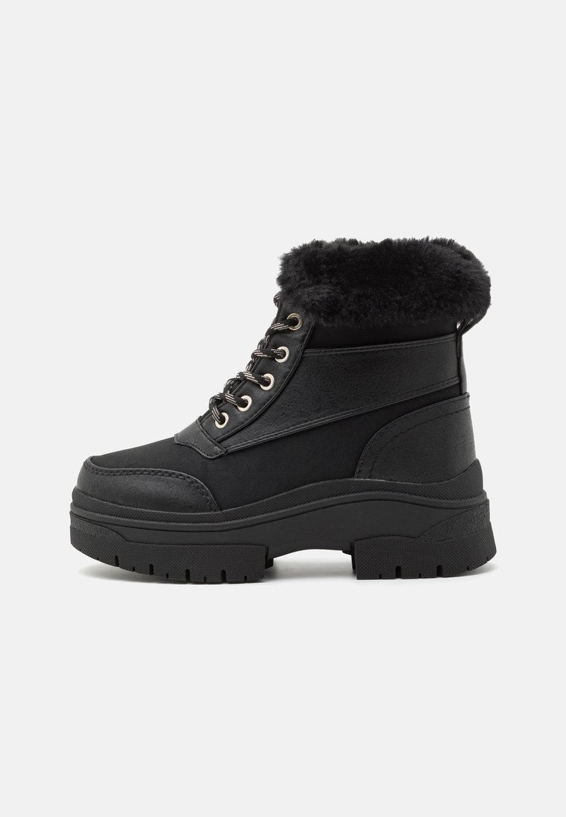 Black ankle boots with a faux fur collar, textured leather, smooth sides, round toe, and thick rubber outsole with treaded pattern.
