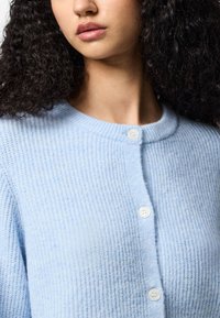 Naisel, kellel on lokkis tume juuksed, kannab helesinist tekstuurse kudumiga kardigani valgete nuppudega, näidates kaela ja alumist näopiirkonda.