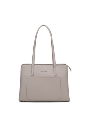 Hellgraue rechteckige Handtasche mit langen Griffen, einer Fronttasche und einem oberen Reißverschluss, aus strukturiertem Material gefertigt.