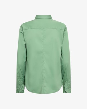 Svetlo zelena bluza z dolgimi rokavi in nagubanimimi robovi na manšetah ter ravnim šivom na hrbtu, prikazana od zadaj na belem ozadju.