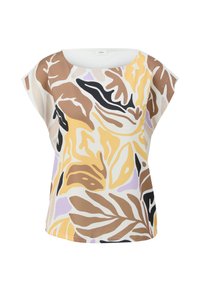 Korte mouw top met een bloemmotief in bruin, geel, zwart en lavendel op een witte achtergrond; glad, lichtgewicht materiaal.