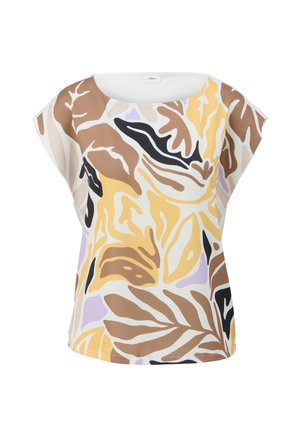 Krótki rękaw bluzki z kwiatowym wzorem w brązowym, żółtym, czarnym i lawendowym na białym tle; gładki, lekki materiał.