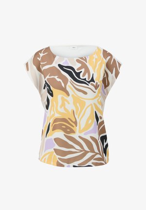 Kurzarm-Top mit floralem Muster in Braun, Gelb, Schwarz und Lavendel auf einem weißen Hintergrund; glattes, leichtes Material.