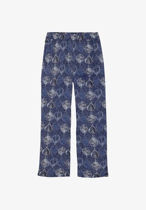Pantalon bleu avec un motif de feuilles en blanc et gris clair, doté d'une taille élastique et d'une coupe ample. En coton.