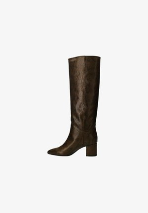 Brown knee-high boots made of textured snake-print material, featuring a pointed toe and a chunky heel, with a smooth finish.