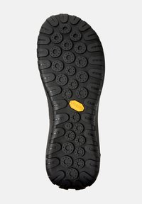 Black Vibram sole featuring a textured surface with circular treads and a hexagonal logo. Size indicated as 42 on one side.