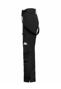 Pantaloni cargo neri con design affusolato, multiple tasche, cintura regolabile e logo bianco sulla coscia sinistra.