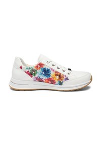 White sneaker with colorful floral fabric panels, white laces, and a gum rubber sole viewed from the outer side.