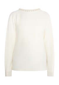 Crème-kleurige trui met lange mouwen en een ronde hals. De kraag heeft decoratieve kraal details. Zacht textiel.