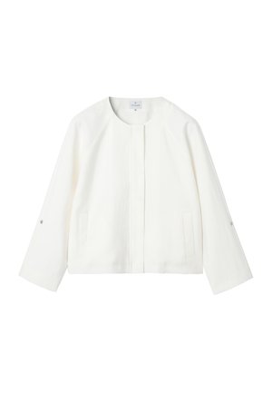 Weiße Langarmjacke mit rundem Ausschnitt, vorne verdecktem Knopfverschluss und zwei vertikalen Schlitzentaschen auf jeder Seite.