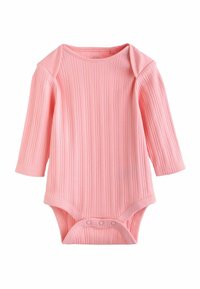 Roosa soonikkoesvarrukatega bodi, millel on ümarsuu ja alumises osas klõpskinnitused. Pehme puuvillane materjal tekstuursete vertikaalsete triipudega.