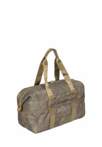 Borsa da viaggio in tessuto brown con manici in satin beige chiaro. Presenta una chiusura con zip e dettagli di cucitura sottili sul corpo e sulle cinghie.