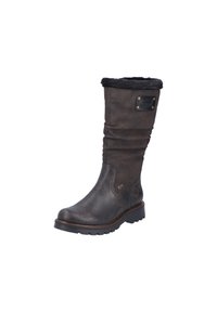 Botas de cuero marrón hasta la rodilla con un diseño suelto, puño de pelaje sintético negro y suela texturada. Presenta un acento de logo metálico en el costado.