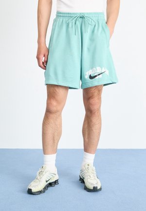 Pantalones cortos de algodón verde menta con cintura elástica, cordón y texto blanco "JORDAN" con un logo de Nike Swoosh negro en la pierna izquierda.