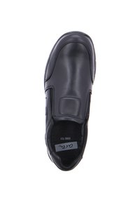 Schwarzer Lederschuh mit glatter Textur, runder Zehenform, Slip-On-Design und gepolstertem Innenfutter. Verfügt über eine gepolsterte Seite für zusätzlichen Komfort.