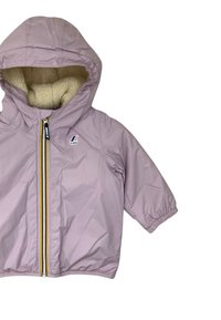 Giacca cappuccio lilla con chiusura zip, morbida fodera interna, polsini elasticizzati e logo sul petto. Presenta una zip multicolore.