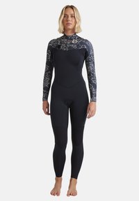 Black wetsuit with floral-patterned long sleeves, smooth texture, fitted design, and knee patches for durability.