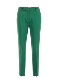 Gröna skräddarsydda byxor med rak passform, tillverkade av en slät tyg. Har en platt framdel, bältesloopar och sidofickor.