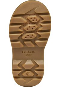 Suela de zapato GEOX en goma marrón con patrones distintivos, agujeros de ventilación y marca. Presenta una banda de rodadura antideslizante y una forma contorneada.