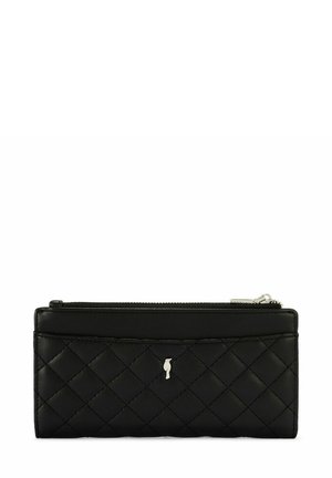 Czarny skórzany portfel z pikowanym wzorem, wyposażony w srebrny zamek błyskawiczny, tłoczone logo oraz płaską kieszonkę z przodu na karty lub gotówkę.