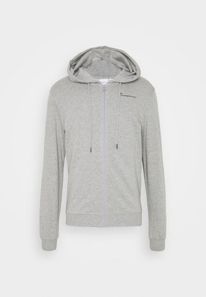 Light gray zip-up hoodie with drawstrings, long sleeves, ribbed cuffs, and a small black logo on the left chest.