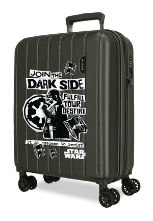 Maleta rígida negra con calcomanías de Star Wars de Darth Vader y cazas TIE, y frases "Únete al Lado Oscuro, Cumple tu Destino."