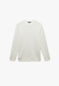 Felpa bianca testurizzata con maniche lunghe, scollo tondo e polsini a costine. Presenta un motivo discreto e un tessuto morbido.