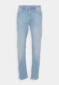 Lyseblå denimjeans med rett ben-design, fem lommer og subtil falming. Har knapp og glidelås-lukking med beltehemper.