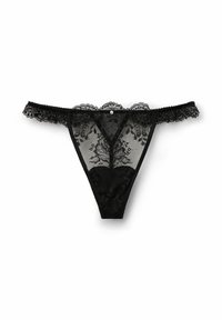 Tanga de encaje negro con patrones florales, bordes festoneados y un pequeño acento de perla en la parte frontal central. Material suave y transparente.