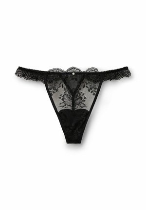Zwart kanten string met bloemmotieven, golvende randen en een kleine parelaccent aan de voorkant. Zacht, doorschijnend materiaal.