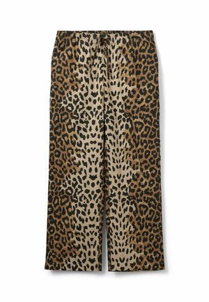 Weit geschnittene Hosen mit elastischem Bund und Kordelzug, versehen mit einem durchgehenden Leopardenmuster in Braun-, Beige- und Schwarztönen.