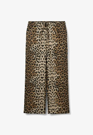 Laiade püksid elastse vöökohaga ja nööriga, millel on üle kogu pinna pruunide, beežide ja mustade toonidega leopardimuster.