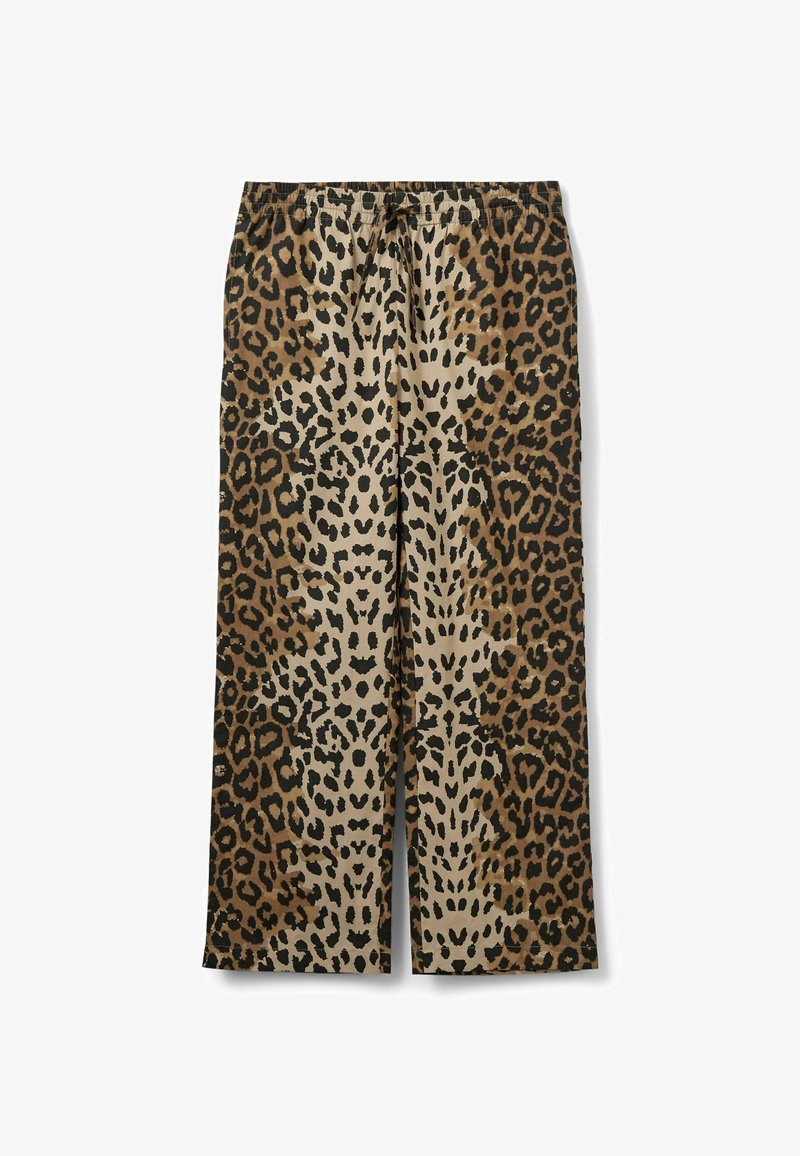 Pantalon à jambes larges avec ceinture élastique et cordon de serrage, présentant un imprimé léopard intégral aux tons marron, beige et noir.