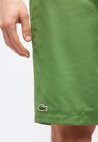 Κοντινό πλάνο ενός χεριού δίπλα σε γόνατο που φοράει πράσινα σορτς με ένα μικρό κεντητό λογότυπο κροκοδείλου κοντά στο τελείωμα.