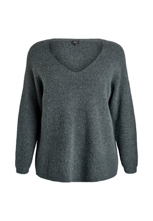 Dunkelgrauer, gestrickter V-Ausschnitt-Pullover mit langen Ärmeln und lockerer Passform sowie gerippten Bündchen, auf einem weißen Hintergrund präsentiert.