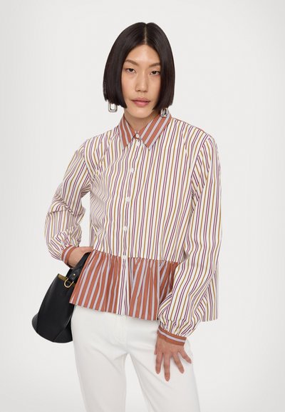 Striped shirt with a collar, multicolored stripes including brown, yellow, and purple, gathered peplum hem, long sleeves, button closure.