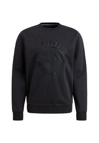 Sudadera negra con cuello redondo, detalle de logo texturizado en el centro y puños y dobladillo acanalados. Acabado de tela suave.