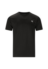 Svart kortärmad t-shirt i mjukt tyg, med en inpassad skärning och en liten vit "FZ"-logotyp på vänster bröst.
