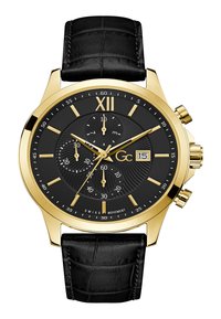 Orologio da polso in tono oro con quadrante nero, texture in rilievo e due sottodial. Cinturino in pelle nera con pattina a coccodrillo. Indicatore della data alle 3.