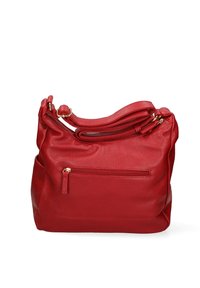 Borsa a tracolla in pelle rossa con finitura testurizzata, dotata di una tasca con zip sul davanti e una larga tracolla per il trasporto.