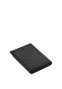 Portafoglio in pelle nera con una texture liscia, forma rettangolare slim e un dettaglio circolare in rilievo sulla parte anteriore.