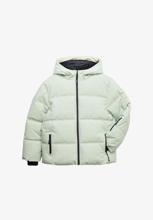 Doudoune vert clair avec capuche, dotée d'une fermeture éclair à l'avant, de deux poches latérales zippées et d'accents noirs sur les fermetures éclair et les manches.